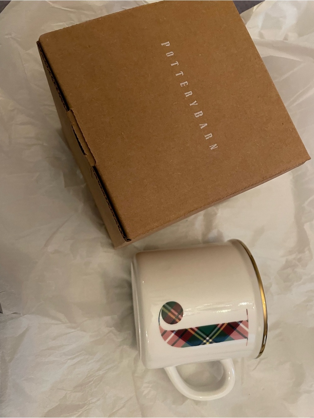 Pottery Barn Cream Mug with Gold Rim and Plaid Accent